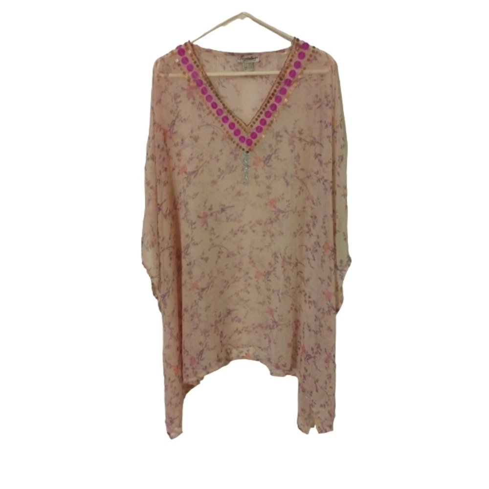BoHo Sheer Poncho Signature JMB Pastel Turquoise Tassel Accent Bat Wing Sleeve